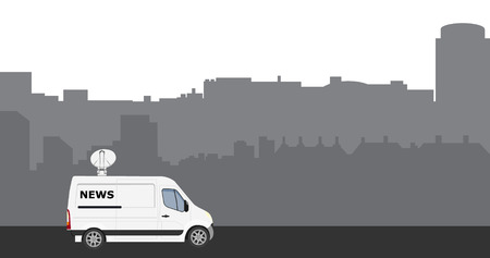 TV News car with equipment on the roof. News car, van city skyline backgroundのイラスト素材