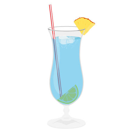 Classic alcohol cocktail drink isolated on white. Vector illustration. Blue lagoon coctail with pineappleのイラスト素材