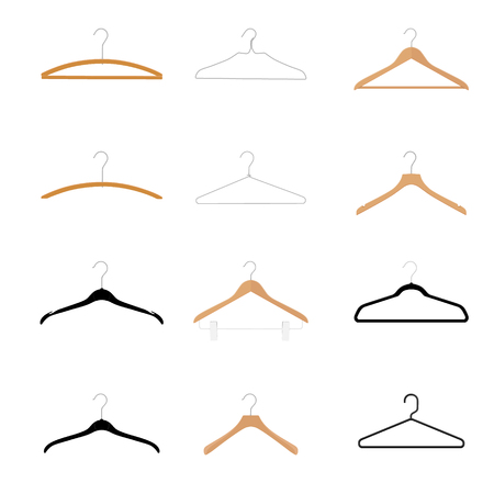 ooden, plastic and metal wire coat hangers, clothes hanger on a white backgroundのイラスト素材