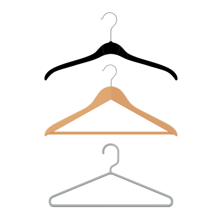 Wooden, plastic and metal wire coat hangers, clothes hanger on a white backgroundのイラスト素材