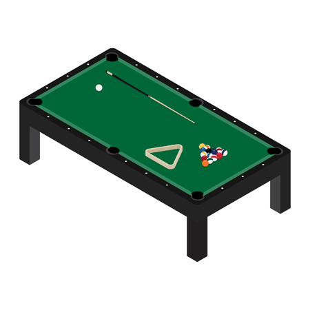 Vector illustration realistic pool table with set of billiard balls and cue. Billiard table with green cloth isometric 3d perspectiveのイラスト素材