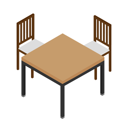 Isometric wooden table and two chairs isolated on white. Interior design elements. Furnitureのイラスト素材