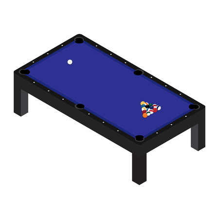 Vector illustration realistic pool table with set of billiard balls and cue. Billiard table with blue cloth isometric 3d perspectiveのイラスト素材