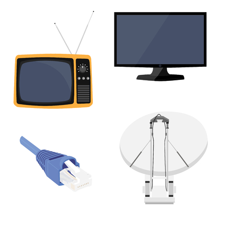Satellite dish antenna. New modern lcd TV monitor and retro tv. Television antenna. TV icon setのイラスト素材