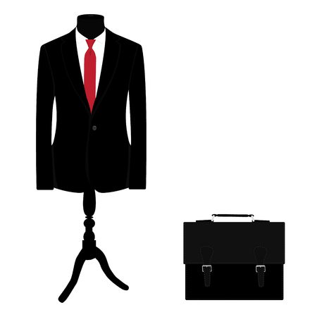 Elegant black suit with red tie on mannequin and black leather briefcase raster illustration. Businessman conceptの写真素材