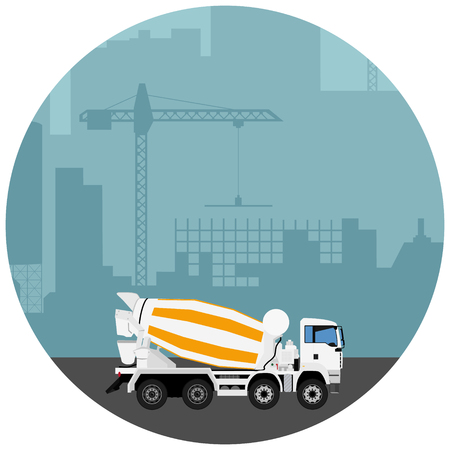 Abstract Industrial Skyline. Concrete cement truck. Mixet truck and cement factory. Panoramic Industrial Construction landscape silhouette. Raster illustrationの写真素材