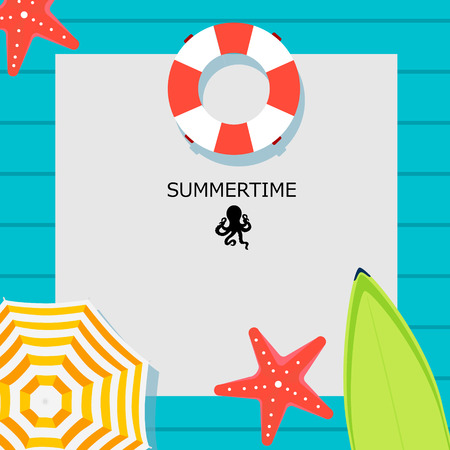 Summer time raster banner design with place for text and colorful beach elements in blue background. Raster illustration. Summer Holiday Bannerの写真素材