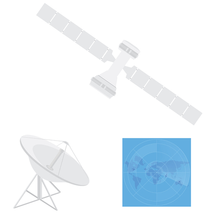 raster illustration communication satellite icon with solar cells, battery. Satellite dish antenna. Radar with targets on monitorの写真素材