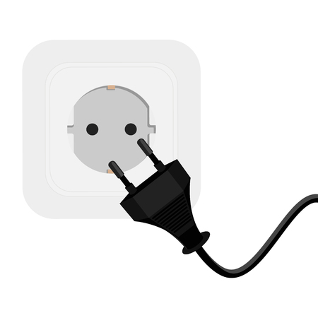 Black power cord cable plugged into european wall outlet on white wall. raster illustrationの写真素材