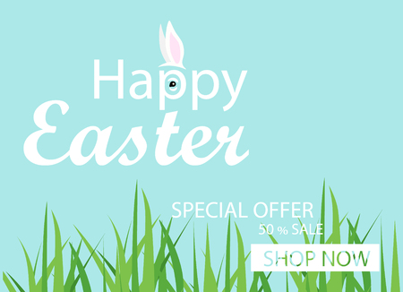 Easter sale banner background template with beautiful spring grass and easter rabbit. のイラスト素材