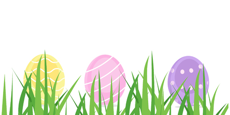 Happy colorful easter eggs in green grass. Egg huntのイラスト素材
