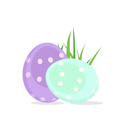 Happy colorful easter eggs in green grass. Egg huntのイラスト素材