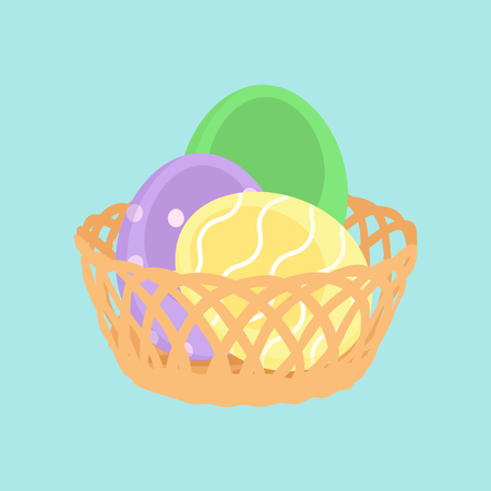 Happy Easter decoration. Decorated Easter eggs in wicker backet. Spring Holidaysのイラスト素材