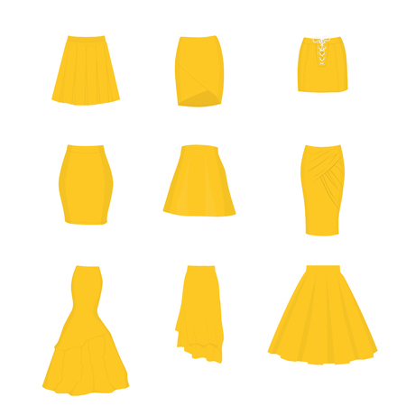 Set of different types of skirts. A-line, tube, mini, pencil, circle, draped, mermaid, asymmetrical and box pleatedのイラスト素材