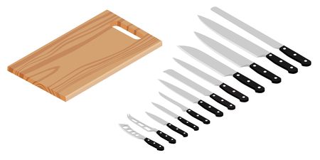Meat cutting knives set and wooden cutting board. Set of butcher meat knives for butcher shop and design butcher themesのイラスト素材