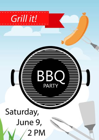 Bbq party invitation with grill and food. Barbecue poster. Food flyer.のイラスト素材