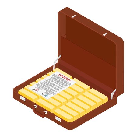 Brown briefcase with top secret documents and golden bars isometric viewのイラスト素材