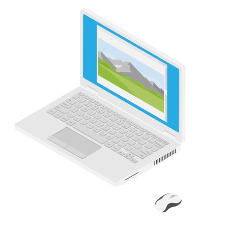 Laptop computer with mountain landscape photo on desktop and computer mouse isometric view isolated on white background. High quality photoのイラスト素材