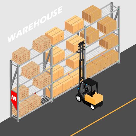 Warehouse interior with shelves, pallets, forklift and boxes. Logistic Delivery Service Conceptのイラスト素材