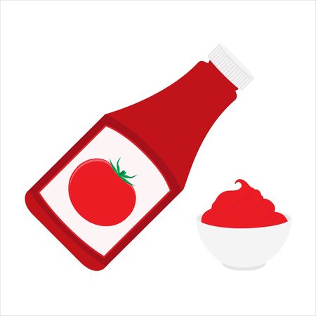Ketchup bottle and tomato ketchup in a bowl isolated on white background. Tomato ketchup sauceのイラスト素材