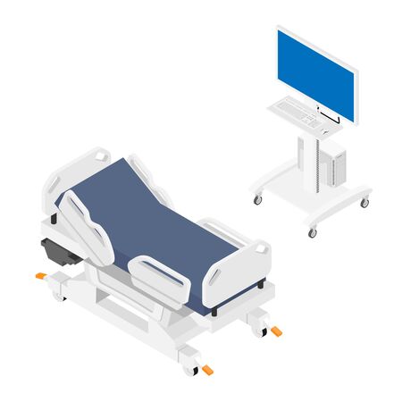 Mobile hospital bed and monitor, computer medical equipment isometric view isolated on white background.のイラスト素材