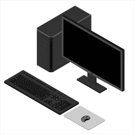Personal computer case, keybord, mouse and monitor isometric view isolated on white background.の写真素材