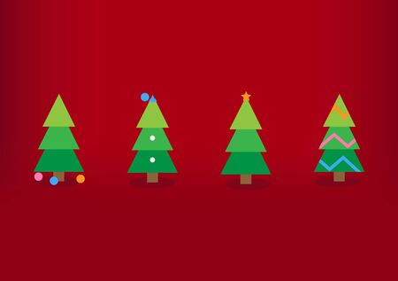 Colorful christmas trees with decorations, red background. Holiday's Backgroundのイラスト素材