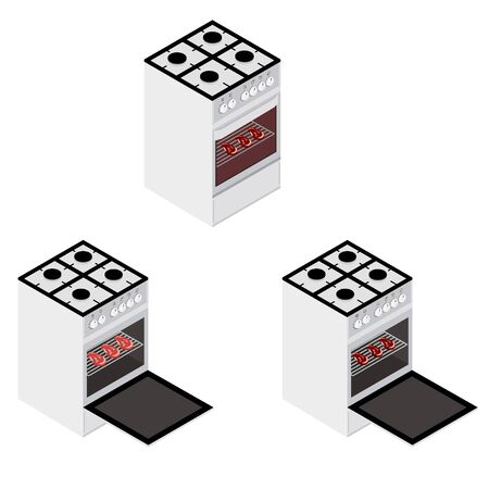 Food preparation. Grilled steaks in gas stove, oven isometric view. Oven with closed and opened door. Cooking conceptの写真素材