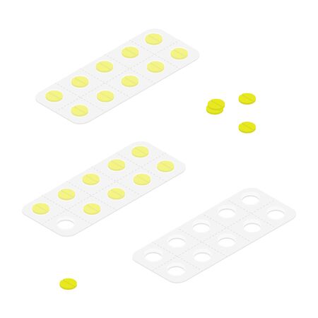 Packaging for drugs: painkillers, antibiotics, vitamins and aspirin tablets. Set of blisters icons with pills. Vector illustrations of pack isolated on backgroundのイラスト素材
