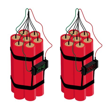 Realistic Detailed Isometric Red Detonate Dynamite Bomb Stick and Timer Clock Isolated on White...