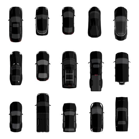 Vector illustration big icon set, collection black cars top view. Sport car, pickup truck, sedan, small mini car and offroad carのイラスト素材