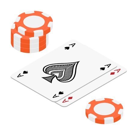 Playing cards and poker chips casino. Concept on white background isometric view. Poker casino vector illustration. Orange realistic chip. Gambling concept, poker mobile app iconのイラスト素材
