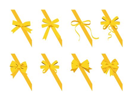 Gold bow set. Cartoon vector yellow ribbons satin bows for xmas gifts, present cards and luxury wrap pack isolated on white backgroundのイラスト素材
