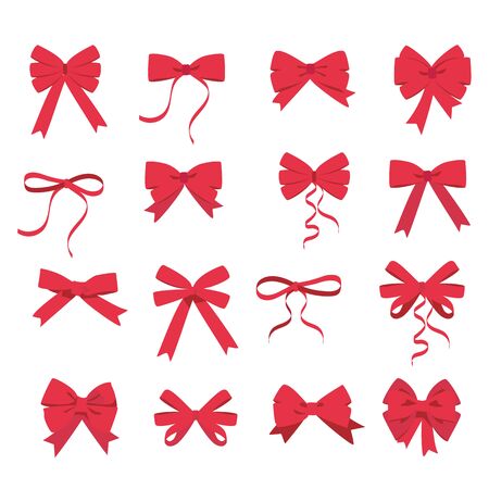 Pink bow set. Cartoon vector pink ribbons satin bows for xmas gifts, present cards and luxury wrap pack isolated on white background のイラスト素材