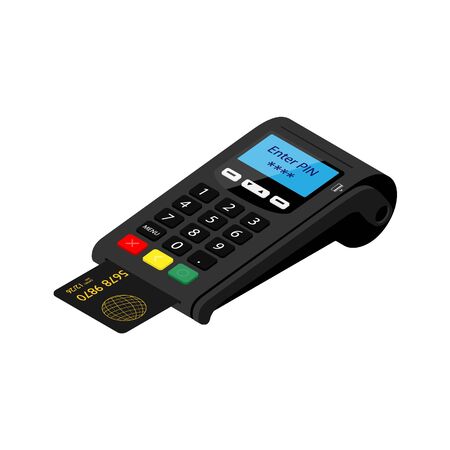 New smart POS terminal payment machine with bank credit card isolated on white background. Bank Payment Terminal. Processing payment device. Isometric viewのイラスト素材