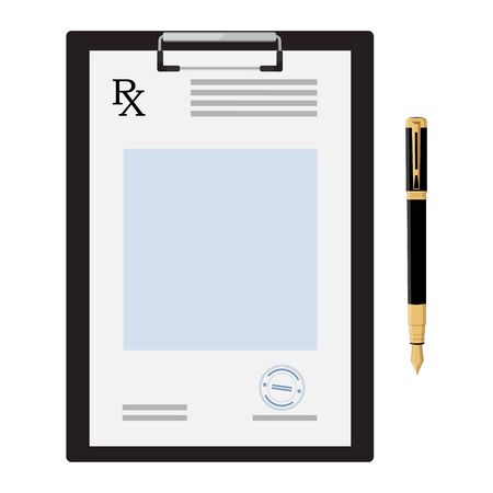 Doctor medical and healthcare concept. Rx prescription form on clipboard and  fountain pen. Vector. Isometric viewのイラスト素材