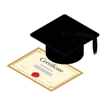 Graduation hat mortarboard and diploma, certificate isolated on white background, education concept. raster. Isometric viewの写真素材
