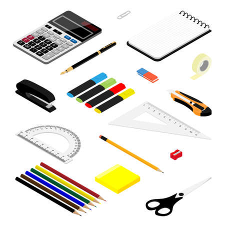 Isometric office stationery set. Collection includes adhesive tape, stapler, ruler, scissors, pen, eraser, knife,  marker, sticky notes, calculator, sharpener and notepadのイラスト素材
