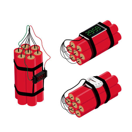 Realistic Detailed Isometric Red Detonate Dynamite Bomb Sticks and Timer Clock, Smartphone Isolated...