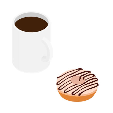 Coffee mug and sweet chocolate donut. Isolated on a white. Vector. Isometric viewのイラスト素材