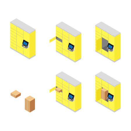 Client using automated self service post terminal machine or locker to deposit a parcel for storage. Parcel delivery station set, collectionのイラスト素材