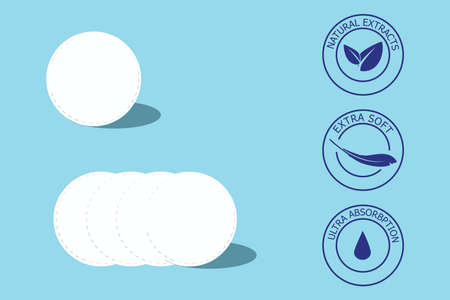 Cosmetic cotton pads isolated on blue background. Top view. Extra soft, ultra absorbption and natural extractsのイラスト素材