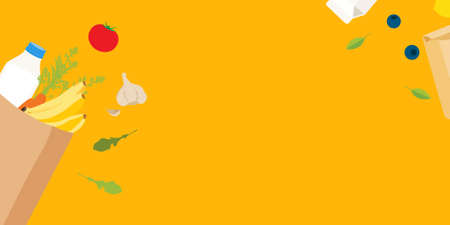Grocery delivery at home: banner template design full shopping cart, paper bag with fresh vegetables and fruits, food and beverage. Eco shopping bag. Shopping raster conceptの写真素材