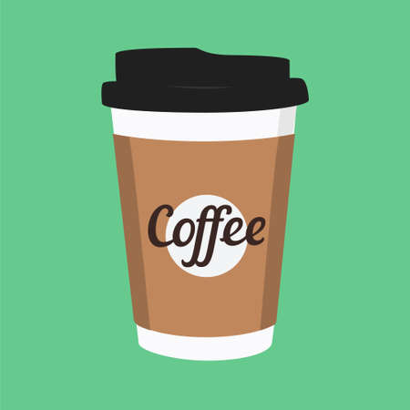 raster illustration disposable coffee cup icon on green background. Coffee cup logoの写真素材