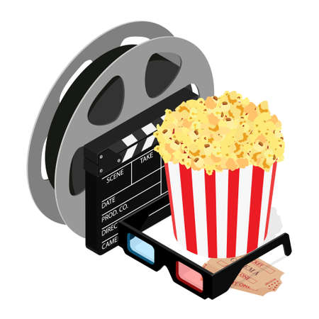 Online cinema art movie watching with popcorn, 3d glasses and film-strip cinematography concept. Vector. Isometric view.のイラスト素材