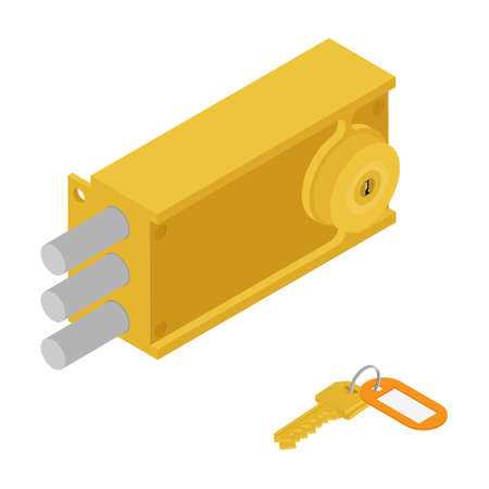 Key cylinder door lock and key isolated on white background. Isometric view.のイラスト素材