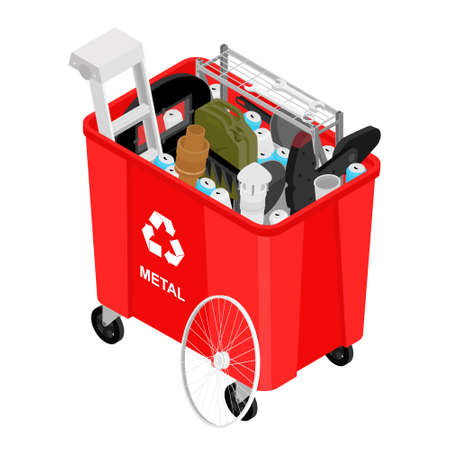 Red can with sorted metal garbage vector icon. Recycling garbage separation and recycled isolated on white background. Recycling concept - bin full of metalのイラスト素材