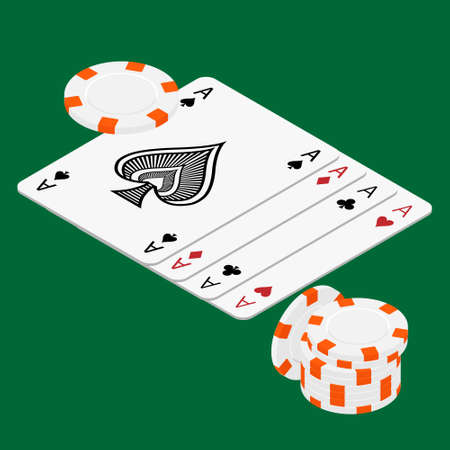 Playing cards and poker chips casino. Concept on green background isometric view. Poker casino...