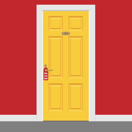 Yellow closed door with frame inside hotel room. Please do not disturb sign. Vector illustrationのイラスト素材