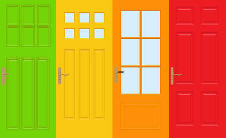 Colorful front doors to houses and buildings set in flat design style isolated, vector illustration.のイラスト素材